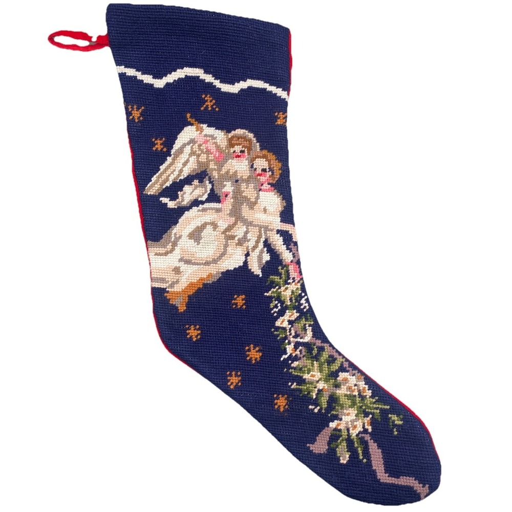 Vintage Needlepoint Christmas stocking Angels Blue 21" Red Velvet backing